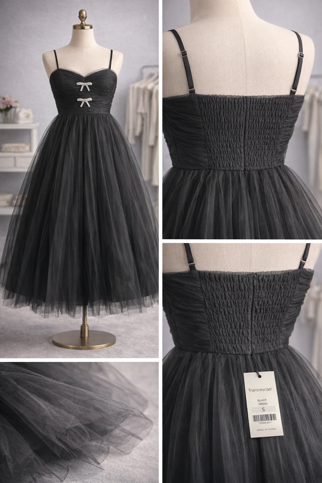Vestido Francesca’s Negro Tul Midi con Moños Decorativos y Espalda Elástica