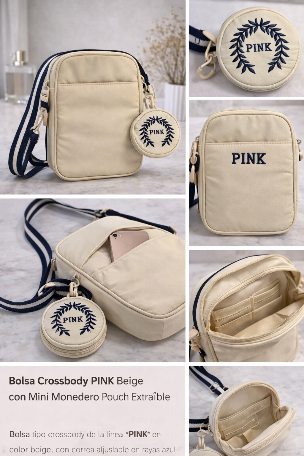 Bolsa Crossbody PINK Beige con Correa Ajustable y Mini Monedero
