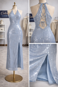 Vestido Francesca’s Azul Claro con Lentejuelas y Espalda Descubierta