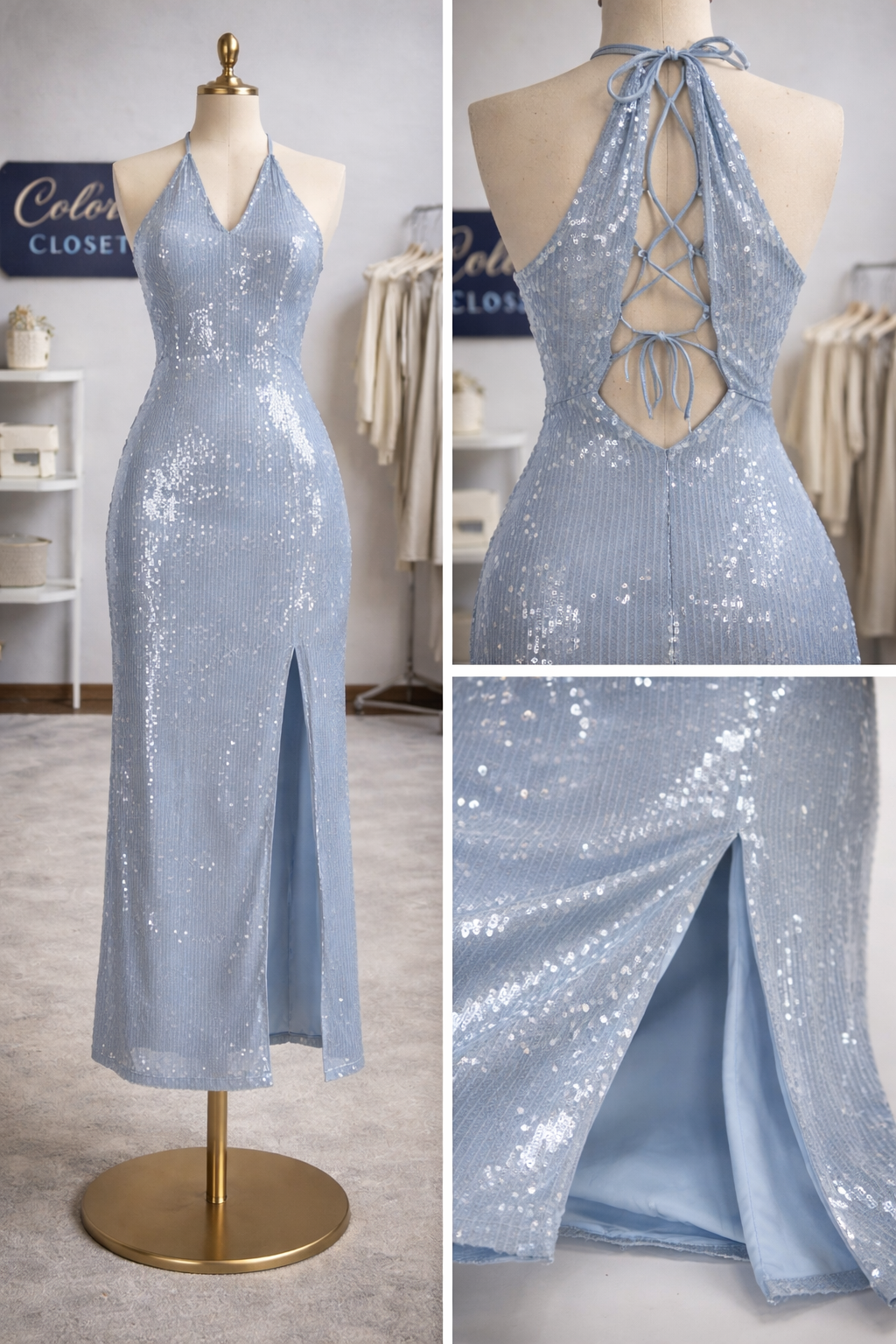 Vestido Francesca’s Azul Claro con Lentejuelas y Espalda Descubierta