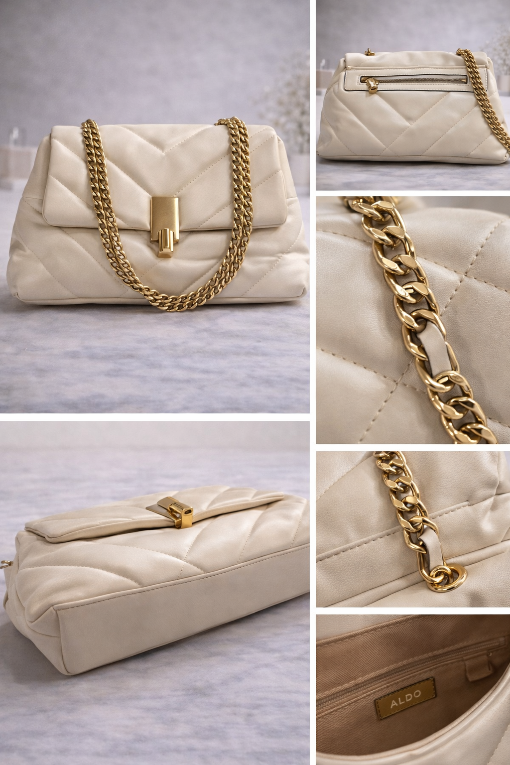 Bolsa ALDO Acolchada Color Crema con Cadena Dorada Elegante