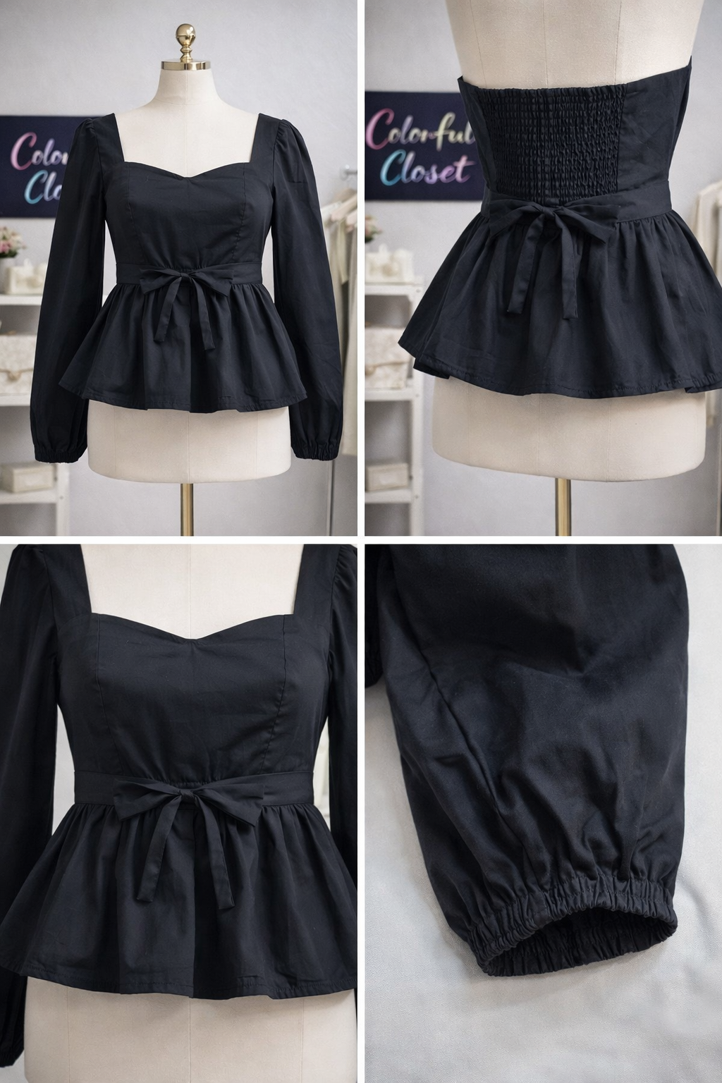 Blusa Francesca’s Negra Elegante Peplum con Manga Larga
