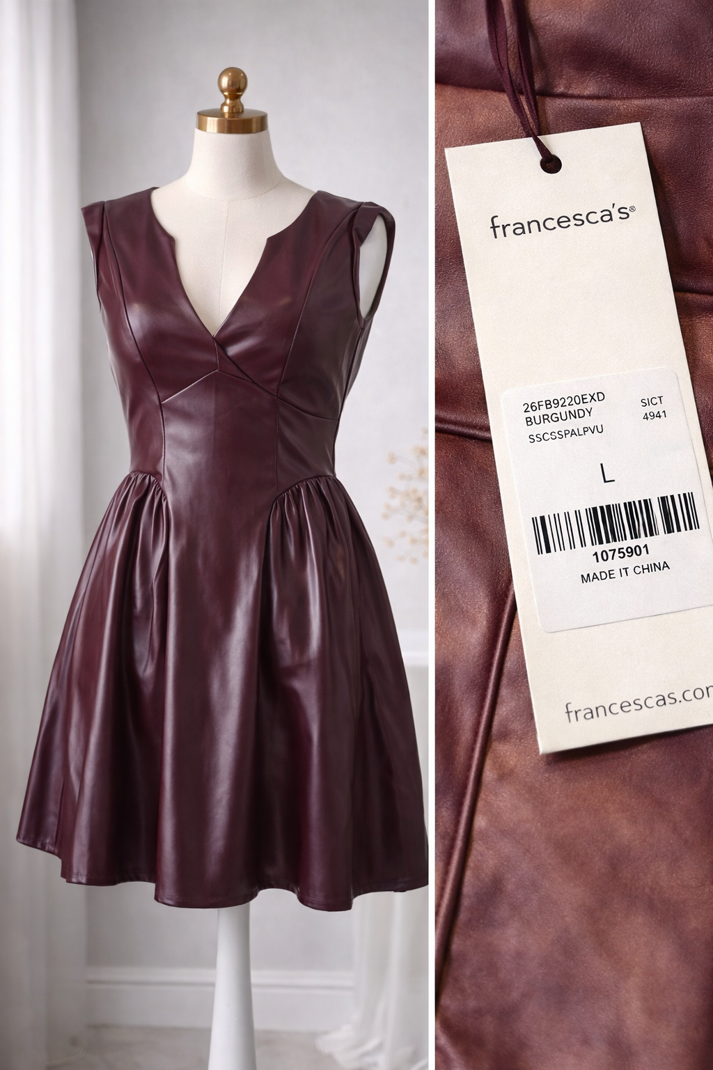 Vestido Burgundy Francesca’s Efecto Piel Corte A con Escote en V
