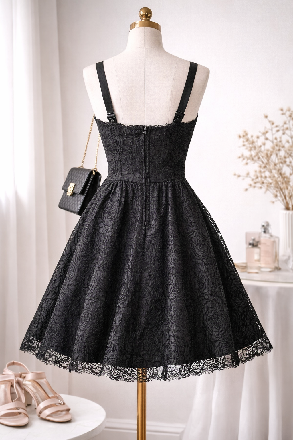 Vestido Francesca’s Negro de Encaje con Falda Amplia y Moños Decorativos