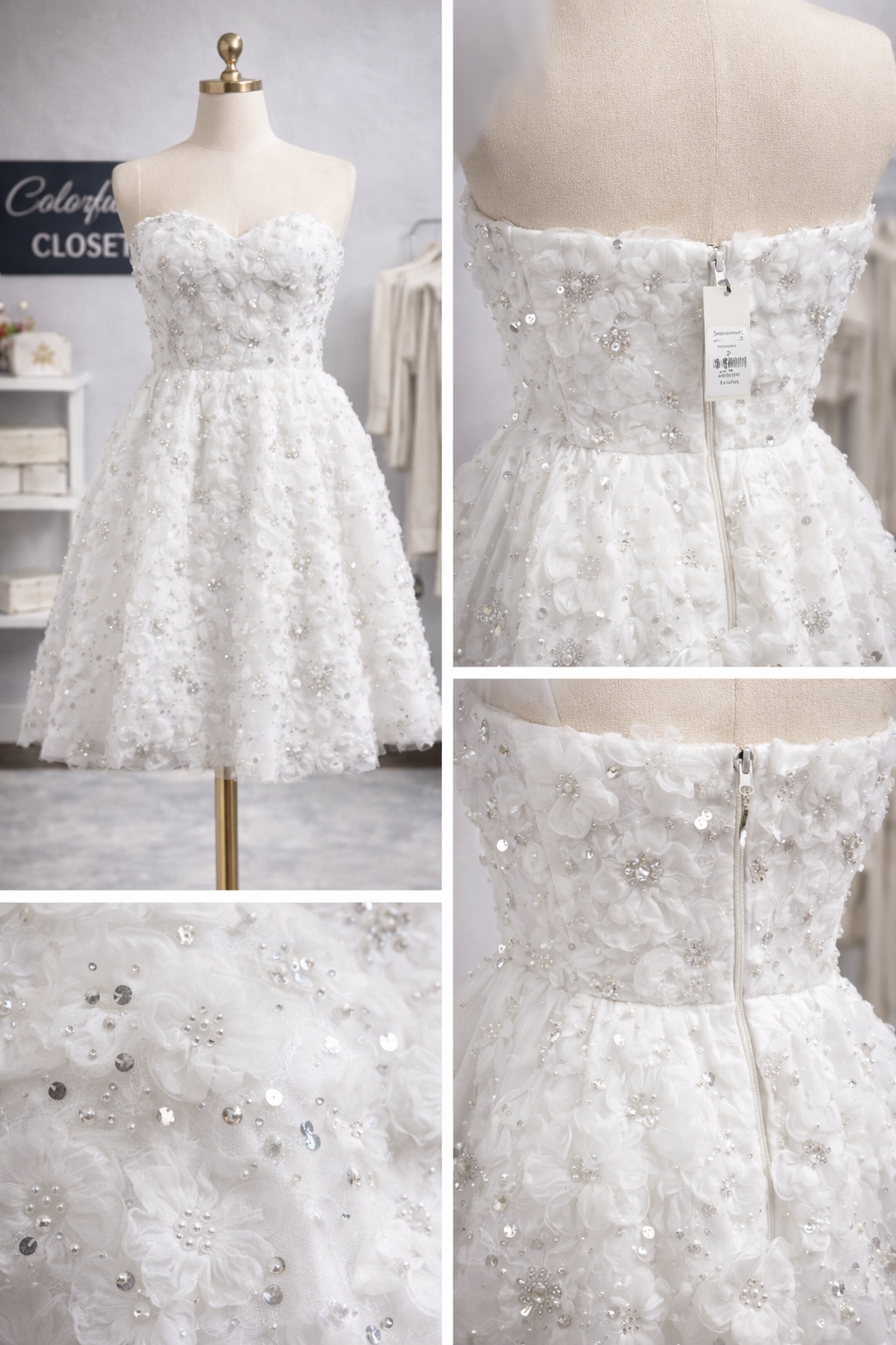 Vestido Francesca’s Blanco Strapless con Aplicaciones Florales y Pedrería