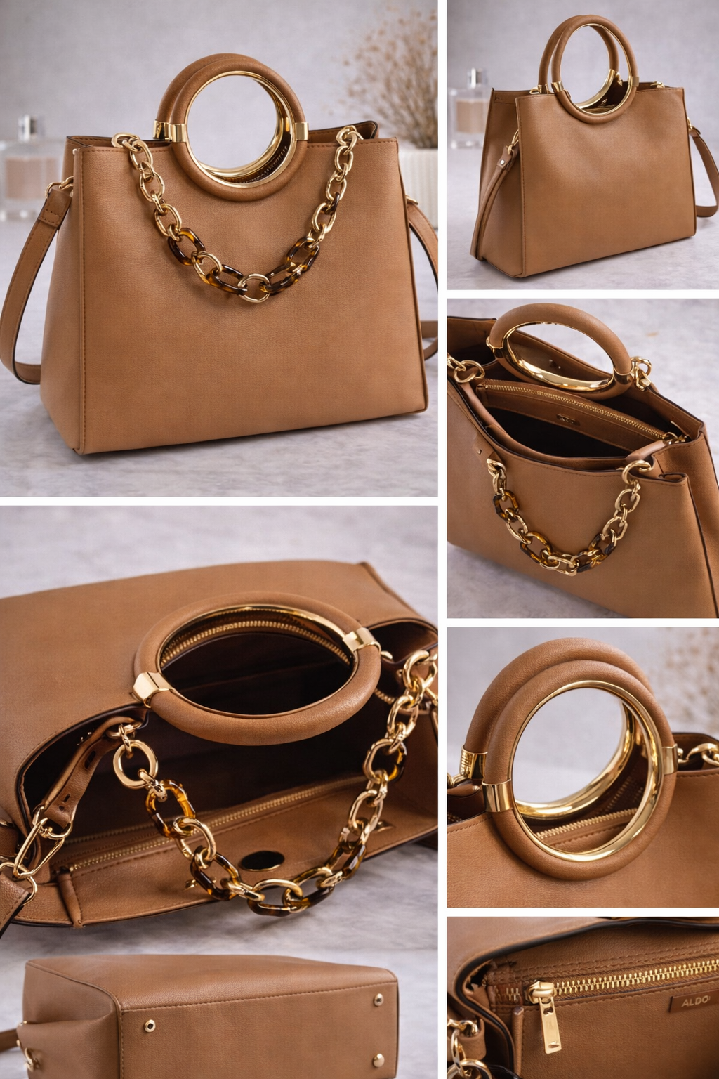 Bolsa ALDO Camel con Asa Circular Dorada + Correa Crossbody Elegante