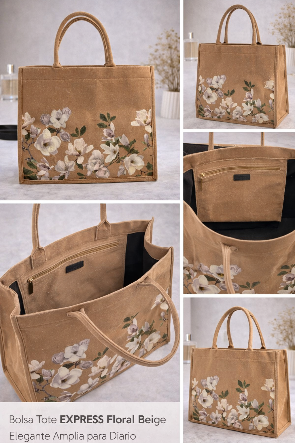 Bolsa Tote EXPRESS Floral Beige Elegante Amplia para Diario