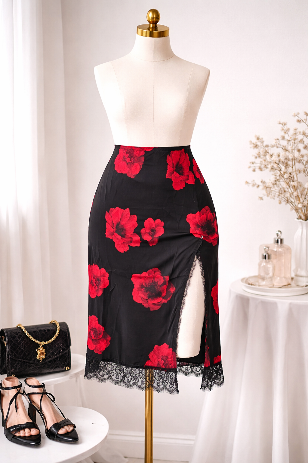 Falda Francesca’s Negra Satinada con Estampado Floral Rojo y Abertura Lateral