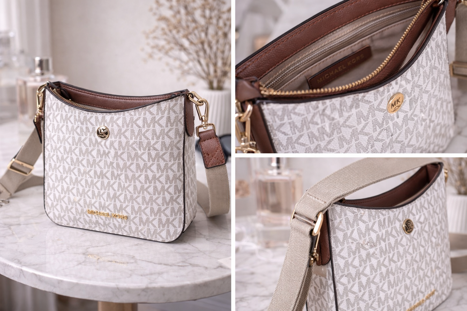 Bolsa Michael Kors Crossbody Beige Logo MK con Correa Ajustable